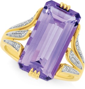 9ct-Gold-Amethyst-Diamond-Emerald-Cut-Dress-Ring on sale