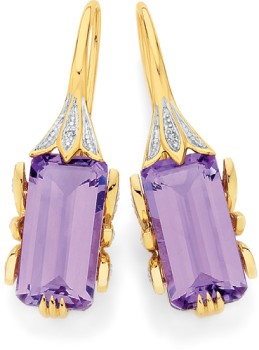 9ct-Gold-Amethyst-Diamonds-Emerald-Cut-Deco-Inspired-Earrings on sale