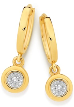 9ct+Gold+Diamond+Bezel+Drop+Huggie+Earrings