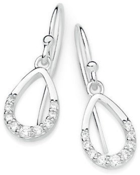 Sterling+Silver+Open+Pear+Drop+w%2F+Tapered+Cubic+Zirconia+Earrings