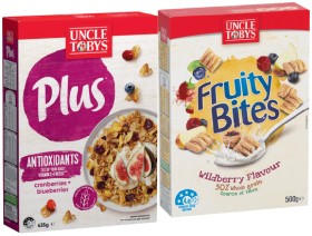 Uncle+Tobys+Plus+Cereal+410%E2%80%91435g+or+Fruity+Bites+Wildberry+Flavour+500g+Selected+Varieties