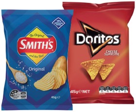 Doritos+Corn+Chips%2C+Smith%26rsquo%3Bs+Crinkle+Cut+Chips+or+Twisties+45g+Selected+Varieties