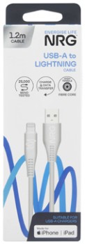NRG+1.2m+USB-A+to+Lightning+Cable+White+1+Each