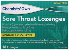 Chemists-Own-Sore-Throat-Lozenges-Menthol-Eucalyptus-Flavour-16-Pack on sale