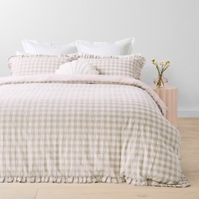 Gingham+Ruffle+Cotton+Quilt+Cover+Set+-+Queen+Bed%2C+Sage+and+Pink
