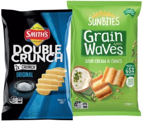 Smith%26rsquo%3Bs+Double+Crunch+Chips+150g+or+Sunbites+Grain+Waves+Chips+170g+Selected+Varieties