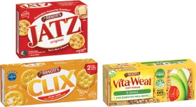 Arnott%26%23039%3Bs+Jatz+or+Clix+Crackers+or+Vita-Weat+Crispbread+225g-250g
