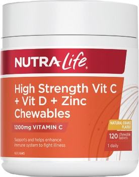 Nutra-Life+High+Strength+Vit+C+%2B+D+%2B+Zinc+Chewables+120+Tablets%2A