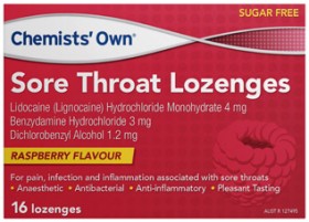 Chemists%26rsquo%3B+Own+Sore+Throat+Lozenges+Raspberry+Flavour+16+Pack