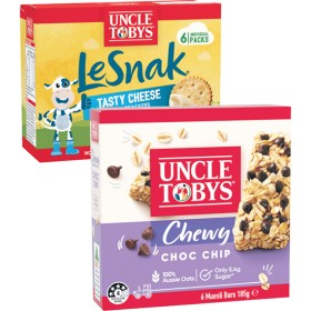 Uncle+Tobys+Muesli+Bars+145-185g+Pk+5-6%2C+Le+Snak+132g+Pk+6+or+Roll-Ups+94g+Pk+6