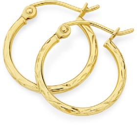 9ct+Gold+1.5x10mm+Diamond-Cut+Hoop+Earrings