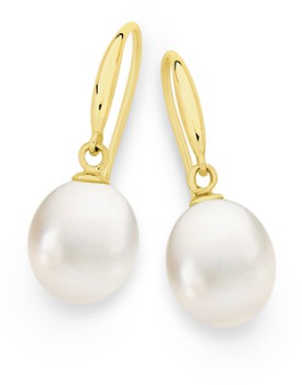 9ct+Gold+8mm+Cultured+Freshwater+Pearl+Hook+Earrings