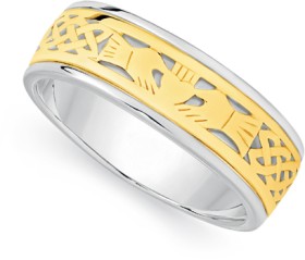 9ct+Gold+%26amp%3B+Silver+Claddagh+Pattern+Gents+Ring
