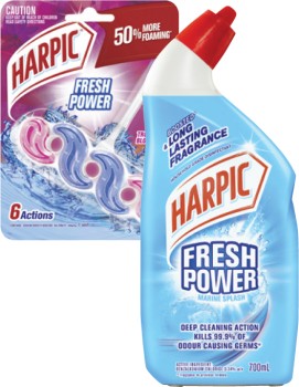 Harpic-Fresh-Power-Liquid-700mL-or-Fresh-Power-In-The-Bowl-Toilet-Cleaner-39g on sale