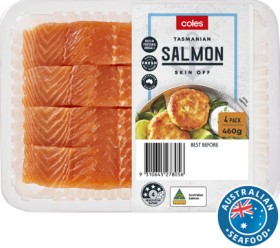 Coles-Tasmanian-Salmon-Portions-Skin-Off-4-Pack-460g on sale