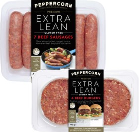 Peppercorn-Extra-Lean-Beef-Sausages-or-Beef-Burgers-450g-500g on sale