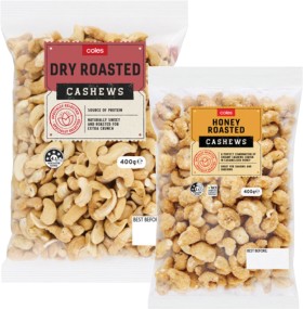 Coles-Dry-Roasted-Honey-Natural-or-Roasted-Salted-Cashews-400g-Pack on sale