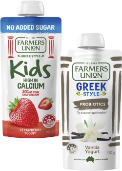 Farmers-Union-Greek-Style-or-No-Added-Sugar-Kids-Yogurt-Pouch-130g on sale