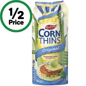 Real-Foods-Corn-Thins-125-150g on sale