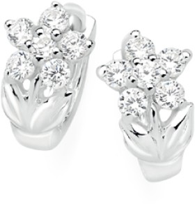 Sterling+Silver+Cubic+Zirconia+Flower+Huggie+Earrings