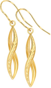 9ct+Gold+Diamond-Cut+Twist+Pointed+Hook+Drop+Earrings