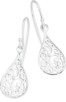 Sterling+Silver+Filigree+Pear+Drop+Hook+Earring