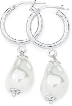 Sterling+Silver+Shell+Pearl+Baroque+Hoop+Earrings