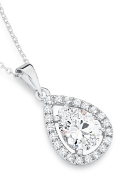 Sterling+Silver+Pear+Cubic+Zirconia+Halo+Pendant