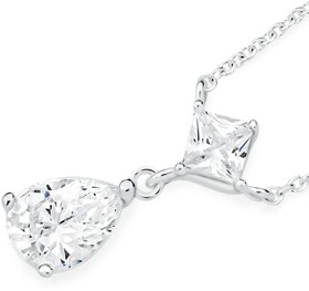 Sterling+Silver+Pear+Drop+Cubic+Zirconia+45cm+Necklace