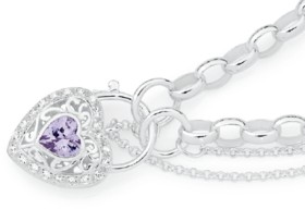 Sterling+Silver+Cubic+Zirconia+Oval+Belcher+19cm+Heart+Padlock+Bracelet