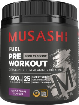 Musashi-Preworkout-Zero-Caffeine-Purple-Grape-225g on sale