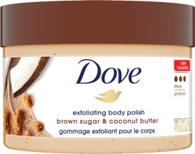 Dove-Exfoliating-Brown-Sugar-Coconut-Butter-Body-Polish-298g on sale