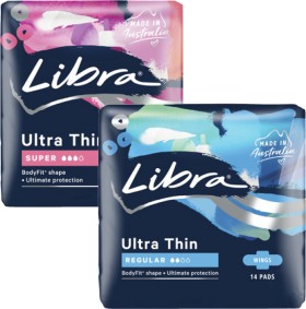 Libra-Ultra-Thin-Pads-with-Wings-Regular-14-Pack-or-Super-12-Pack on sale