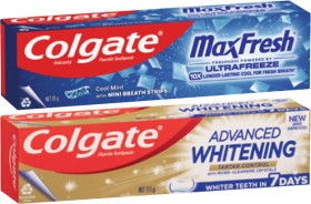 Colgate-Advanced-Whitening-Tartar-or-Max-Fresh-Toothpaste-115g on sale