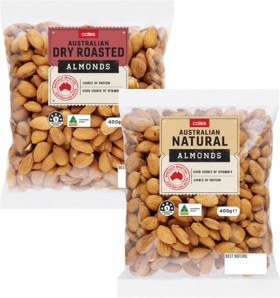Coles-Dry-Roasted-Natural-or-Smoked-Almonds-400g-Pack on sale