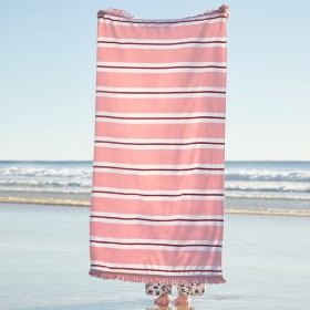 Sundays-Aegean-PinkRed-Stripe-Large-Beach-Towel-by-Pillow-Talk on sale