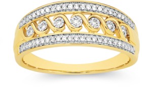 9ct+Two+Tone+Gold+Diamond+Swirl+Three+Row+Band