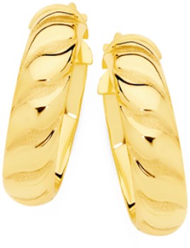 9ct+Gold+15mm+Polished+%26amp%3B+Satin+Swirl+Patt+Half+Round+Hoops