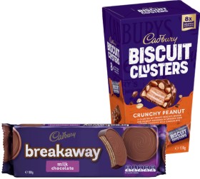 Cadbury+Biscuit+Clusters+120g+or+Breakaway+Milk+Chocolate+Biscuits+180g+Selected+Varieties