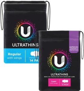 U+By+Kotex+Ultra+Thin+Pads+with+Wings+Regular+14+Pack+or+Super+12+Pack