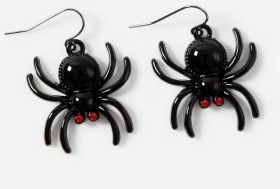 Halloween-Spider-Drop-Earrings-Silver-Tone-Black-and-Red on sale