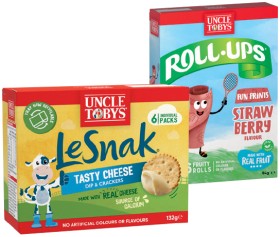 Uncle+Tobys+Le+Snak+or+Roll+Ups+6+Pack%2C+Muesli+Bars+5%E2%80%916+Pack+Selected+Varieties