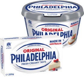 Philadelphia+Cream+Cheese+Spreadable+Tub+or+Block+250g+Selected+Varieties