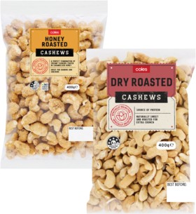 Coles+Dry+Roasted%2C+Honey%2C+Natural+or+Roasted+%26amp%3B+Salted+Cashews+400g+Pack
