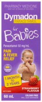 Dymadon+Paracetamol+For+Babies+1+Month-2+Years+Colour+Free+Strawberry+Flavour+60mL