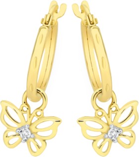 9ct-Gold-Diamond-Butterfly-Drop-Hoop-Earrings on sale