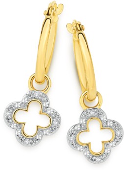 9ct+Gold+Diamond+Clover+Drop+Hoop+Earrings