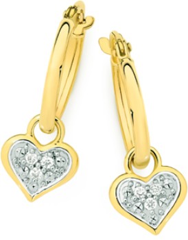 9ct+Gold+Diamond+Heart+Drop+Hoop+Earrings