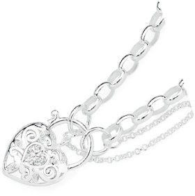 Sterling-Silver-Cubic-Zirconia-19cm-Belcher-Padlock-Bracelet on sale