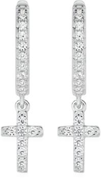 Sterling+Silver+Cubic+Zirconia+Cross+Drop+Huggie+Earrings